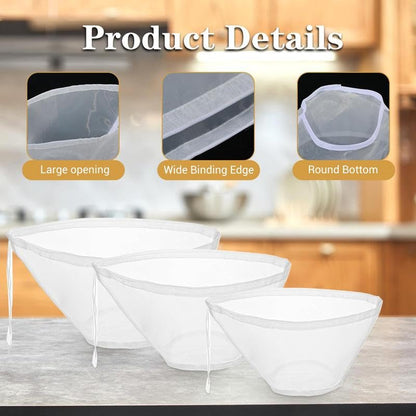 3PCS Bowl-Shaped Nylon Nut Milk Bag, Reusable Strainer Bags for Cheese Cloths Almond Milk, Tea, Juice, Yogurt, Cheesecloth Alternative, Fine Mesh Food Filter-YY1