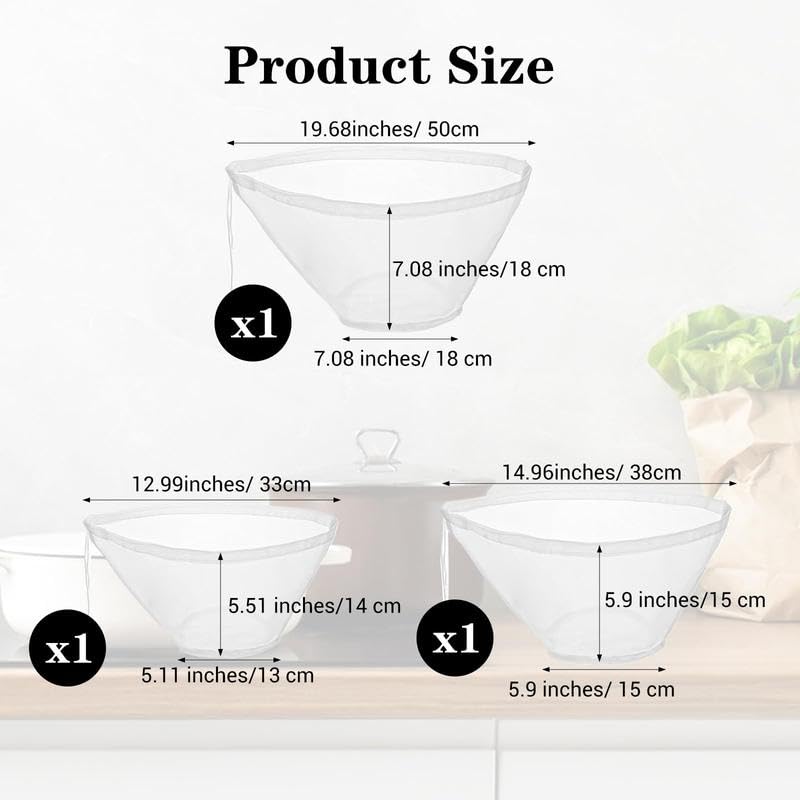 3PCS Bowl-Shaped Nylon Nut Milk Bag, Reusable Strainer Bags for Cheese Cloths Almond Milk, Tea, Juice, Yogurt, Cheesecloth Alternative, Fine Mesh Food Filter-YY1