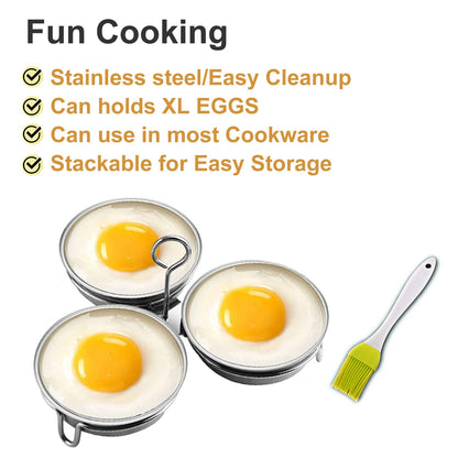 1 Count Stainless Steel Egg Poacher, 3 Cavity Steaming Egg Mold with Handle for Home Kitchen Steamed Egg and Dessert Making