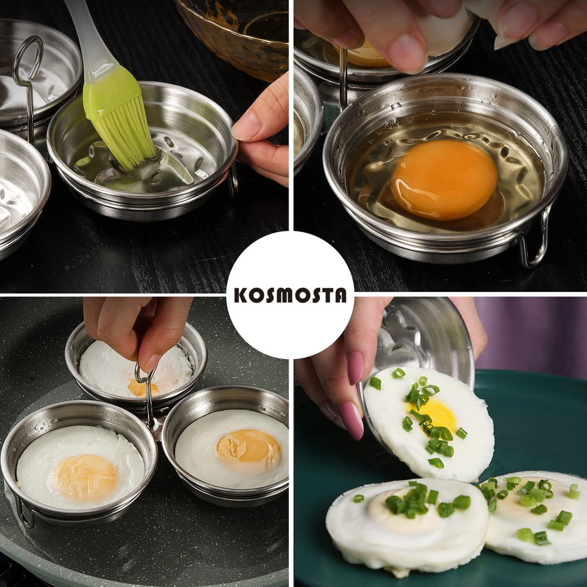 1 Count Stainless Steel Egg Poacher, 3 Cavity Steaming Egg Mold with Handle for Home Kitchen Steamed Egg and Dessert Making