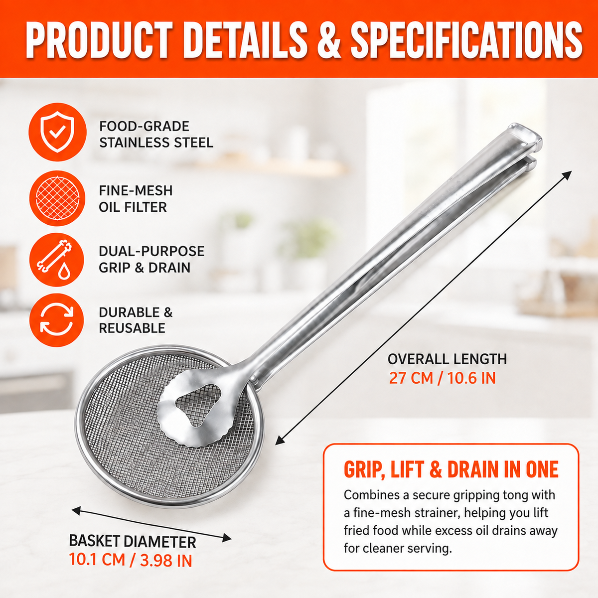 Frying Oil Filter Clamp Oil Spoon Oil Drain Food Clamp Kitchen Colander Stainless Steel Fried Food Oil Spoon Filter Mesh