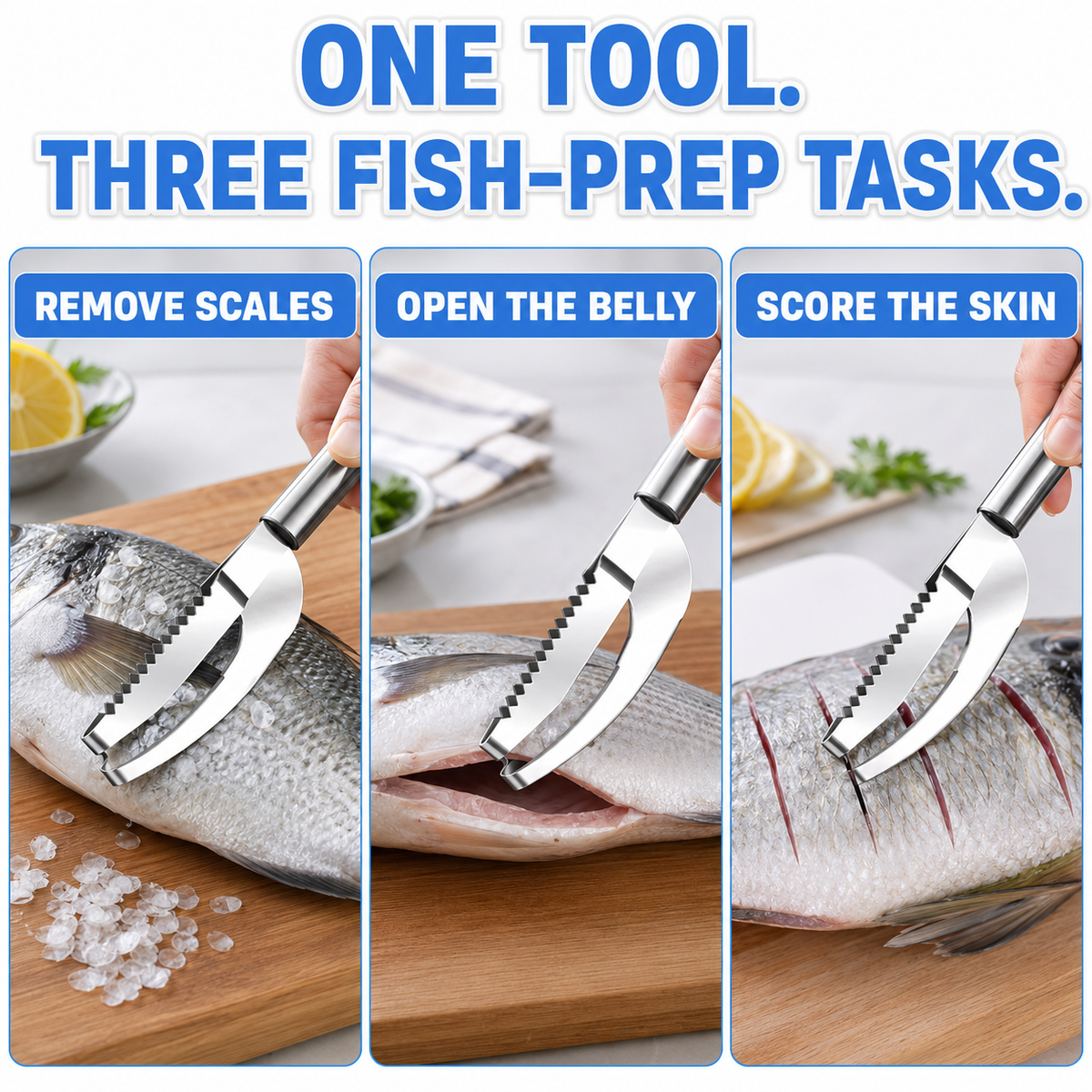 Ultimate 3-in-1 Stainless Steel Fish Scaler Tool – Mess-Free Descaler, Belly Opener & Skin Scorer