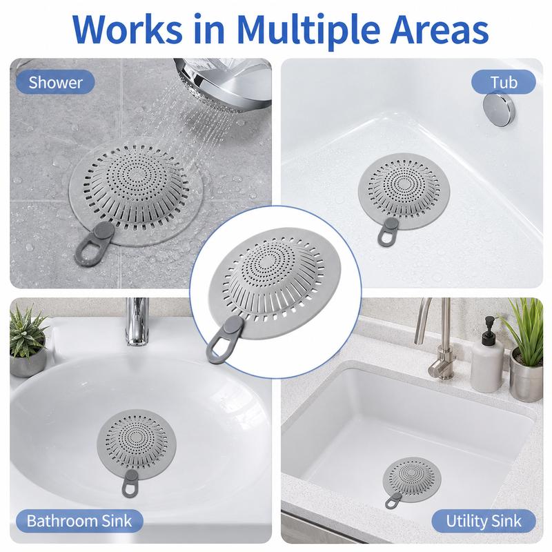 Hair Catcher Silicone Drain Hair Catcher, Flexible Shower Drain Cover Strainer with Easy Lift Handle, Hair & Debris Catcher for Bathtub, Bathroom Sink, Shower and Utility Sink, Gray