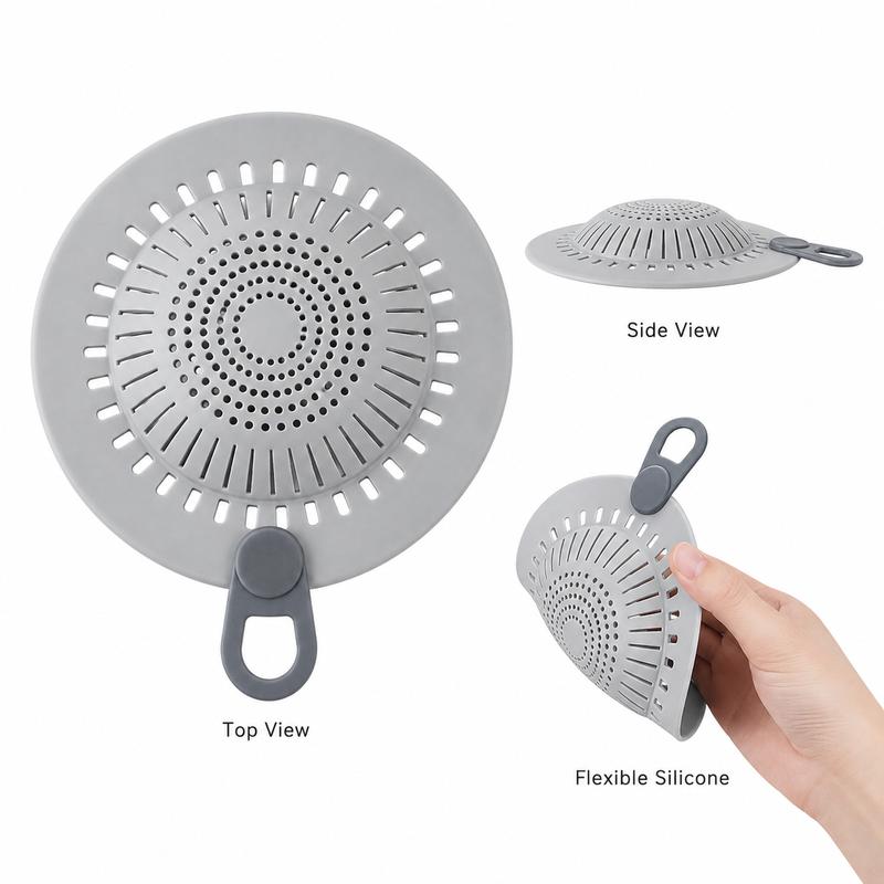 Hair Catcher Silicone Drain Hair Catcher, Flexible Shower Drain Cover Strainer with Easy Lift Handle, Hair & Debris Catcher for Bathtub, Bathroom Sink, Shower and Utility Sink, Gray