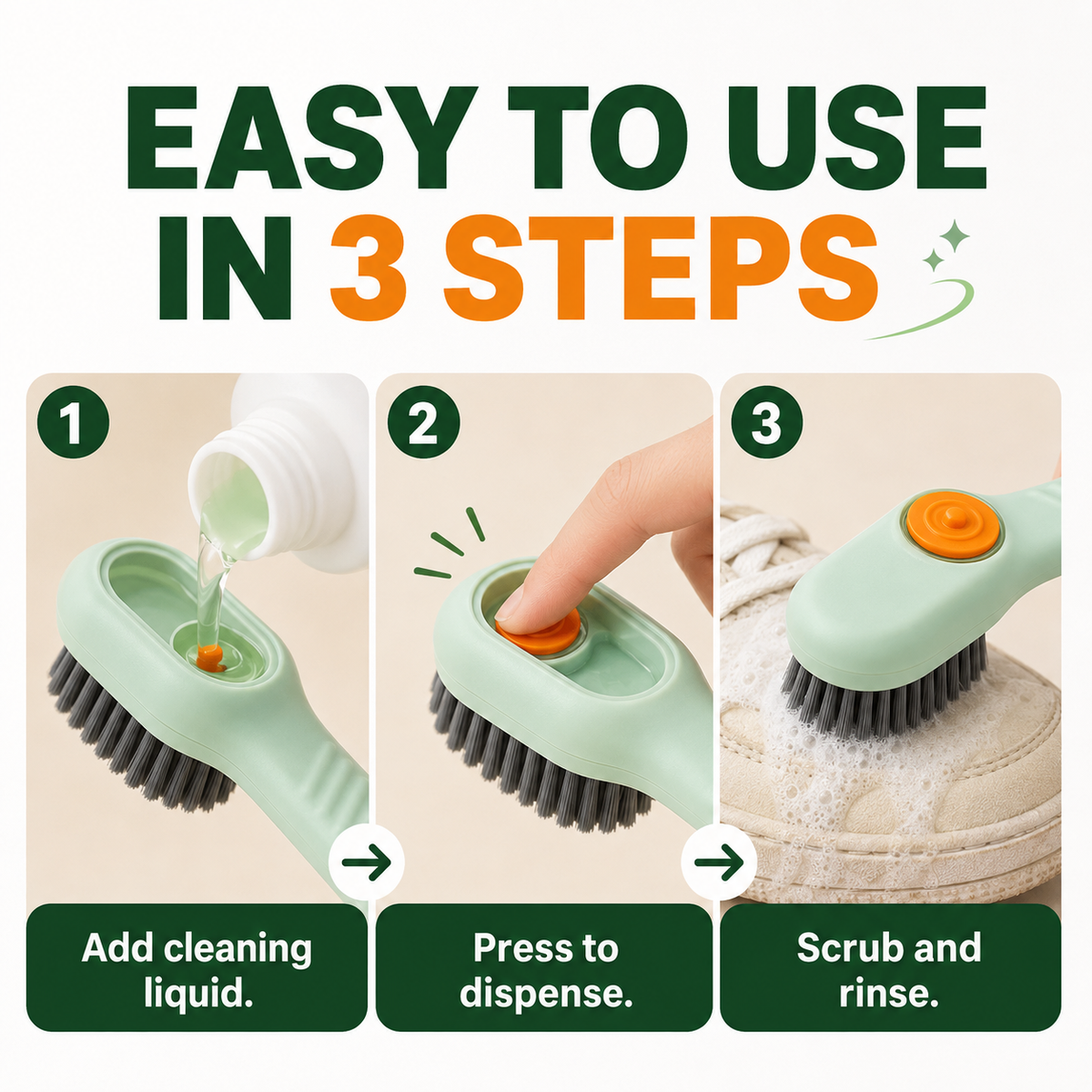 2-in-1 Refillable Liquid Dispensing Shoe Cleaning Brush – Push-to-Dispense Soft Bristle Scrubber